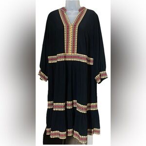 Signature by Robbie Bee Black Split Neck Printed Border Dress Plus Size 1X